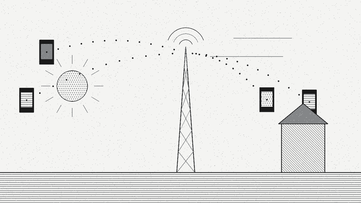 Wordless fine-line illustration: A wide highway bridge of light connecting rows of small kiosks to a distant bank tower, with a single truck-sized parcel of light crossing for every handful of small ones, while a lone dusty ATM sits at the roadside