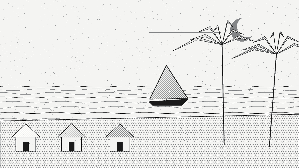 Mozambique bets on conservation tourism: five presidential directives, one matrix – featured image Wordless fine-line illustration: A savannah lodge at the edge of a beach, with a park ranger vehicle and a fishing dhow sharing the same sunrise horizon