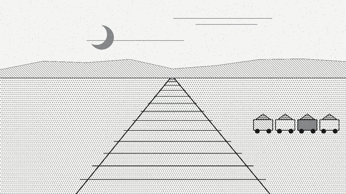 Wordless fine-line illustration: Two market stalls in different cities under different skies, one with a lorry unloading cheap tomatoes and the other with a truck waiting on a long dusty road, linked by a road map