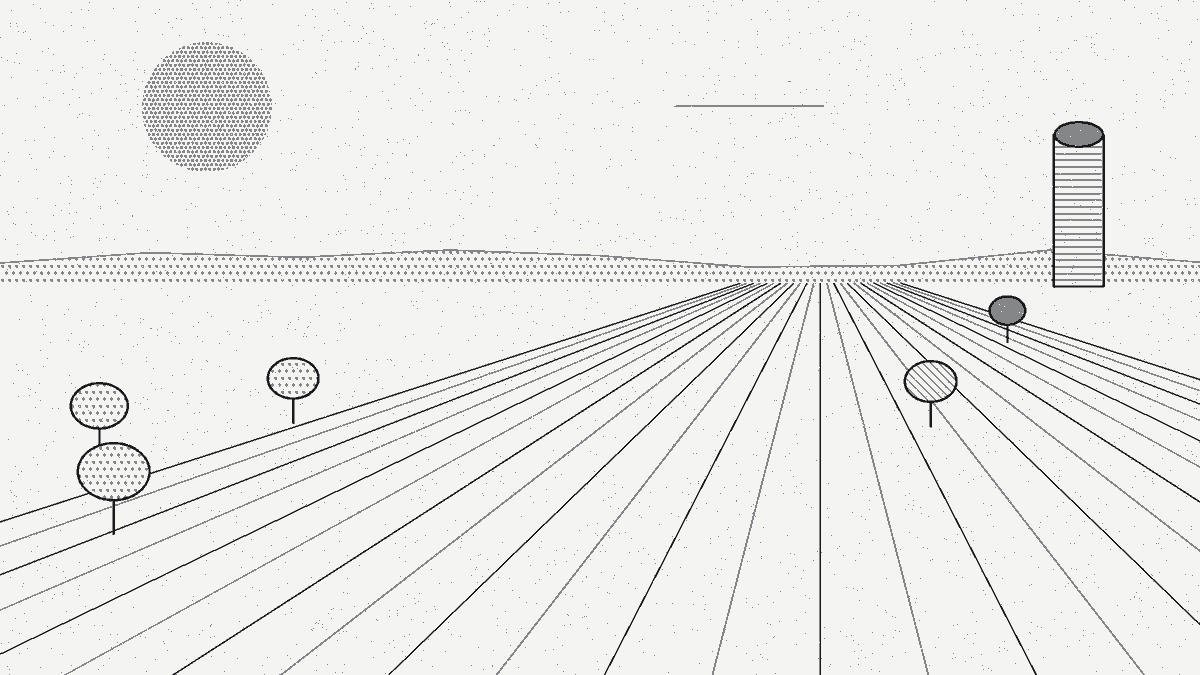 Wordless fine-line illustration: Two market stalls on opposite ends of a long road: one in the north overflowing with produce, the other in the south sparsely stocked, with a single truck between them