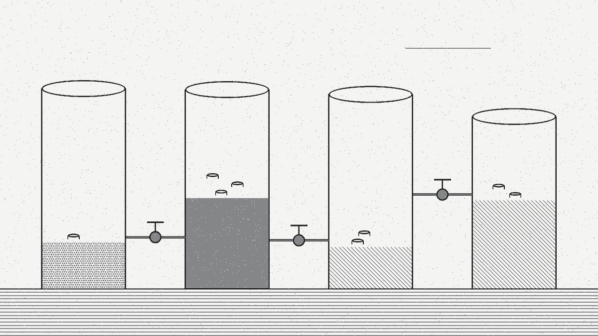 Wordless fine-line illustration: A water tank on a stand with a low spillway: a hand lets in a thin stream while a gauge-keeper watches the level against a painted ceiling mark