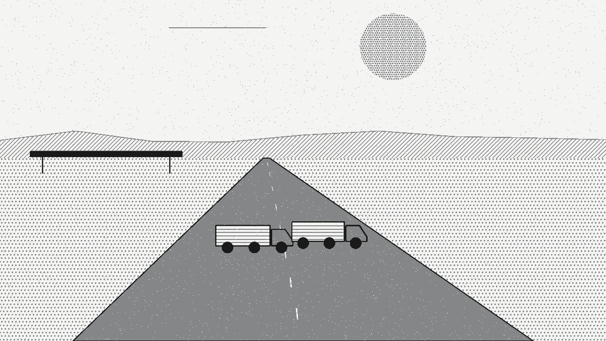Wordless fine-line illustration: A long line of freight trucks inching toward a single wide gantry spanning a river border, with two sets of inspectors on the same platform and a half-built terminal behind them